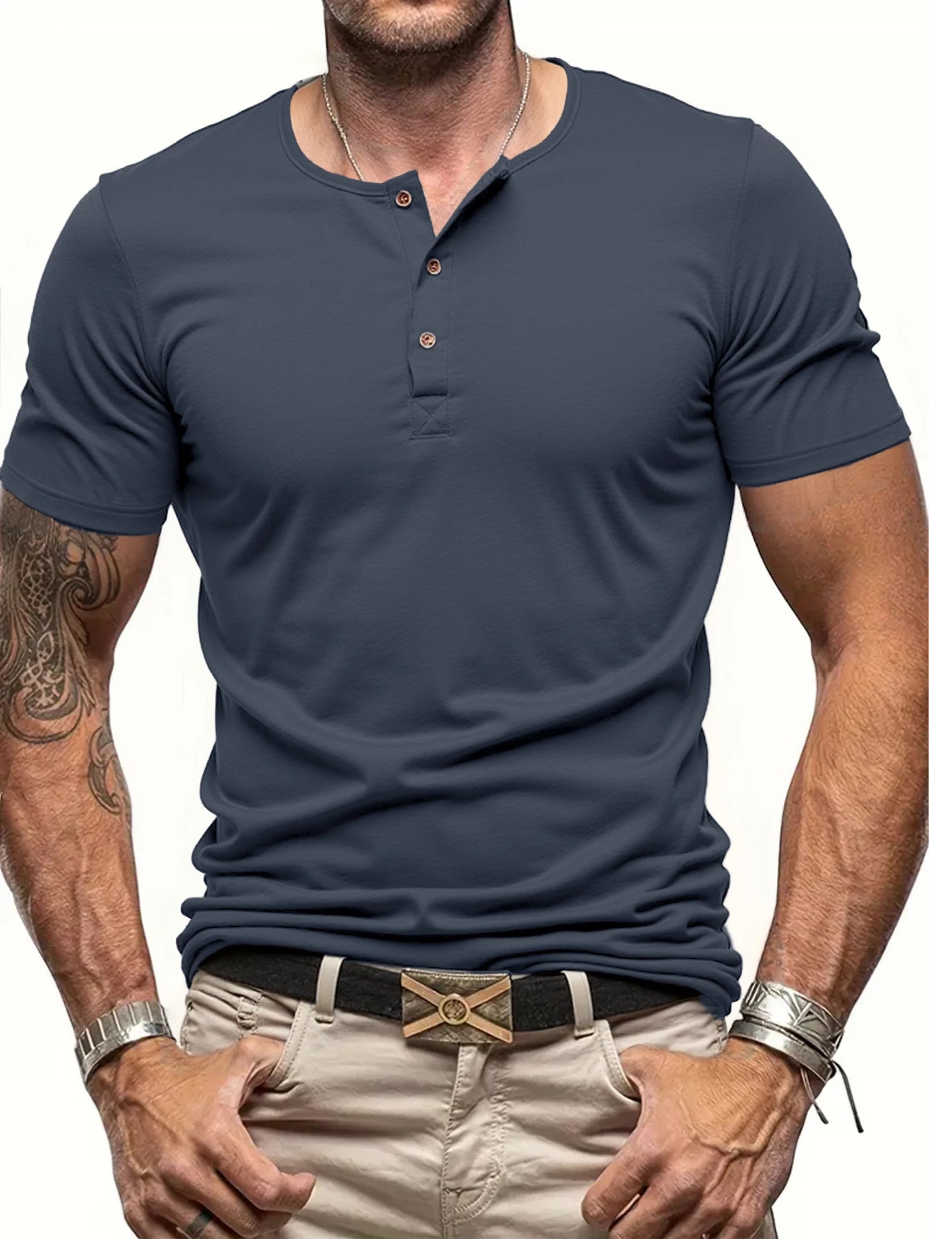 FootMax Men's Henley T-Shirt - Slim Fit Button Neck Short Sleeve Casual Tee - footmaxldn