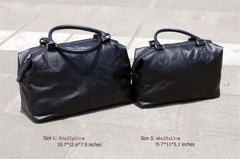 Fashion Genuine Leather Travel Bag Men's Luggage Bags Large Male Duffle Bag weekend Women Shoulder Bag Big Tote Handbag Black - footmaxldn