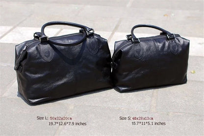 Fashion Genuine Leather Travel Bag Men's Luggage Bags Large Male Duffle Bag weekend Women Shoulder Bag Big Tote Handbag Black - footmaxldn