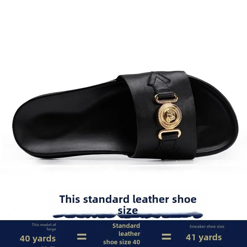 Men's Genuine Leather Slides with Gold Medallion Hardware – footmaxldn