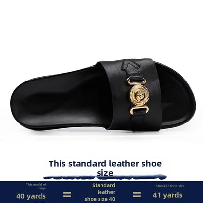 Men's Genuine Leather Slides with Gold Medallion Hardware – footmaxldn