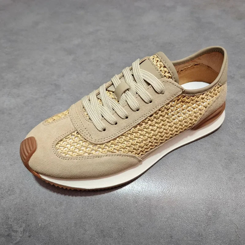 Men's Breathable Woven Sneakers | Leather-Trim Lace-Up Casual Shoes