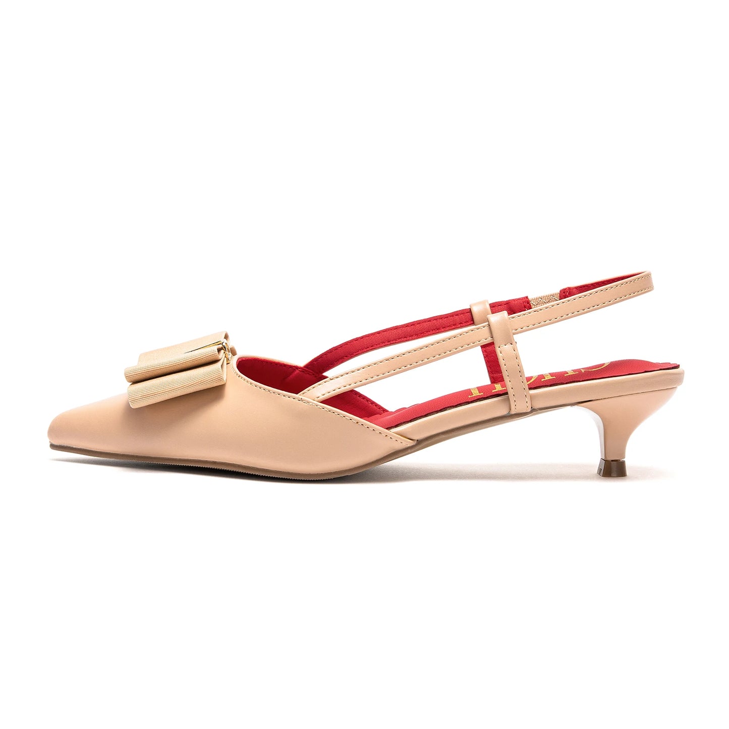 Beige slingback shoe with a red insole on a white background