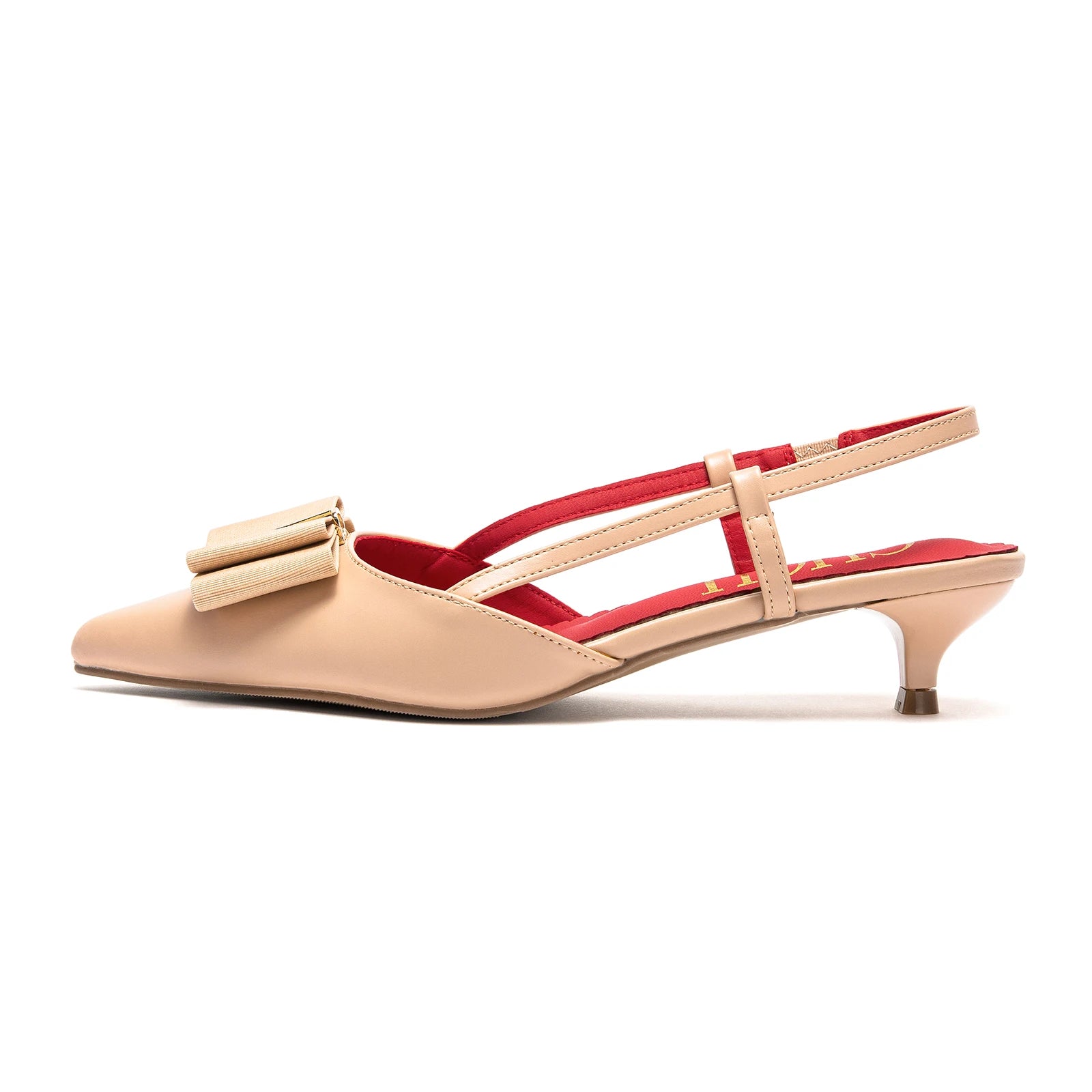 Beige slingback shoe with a red insole on a white background