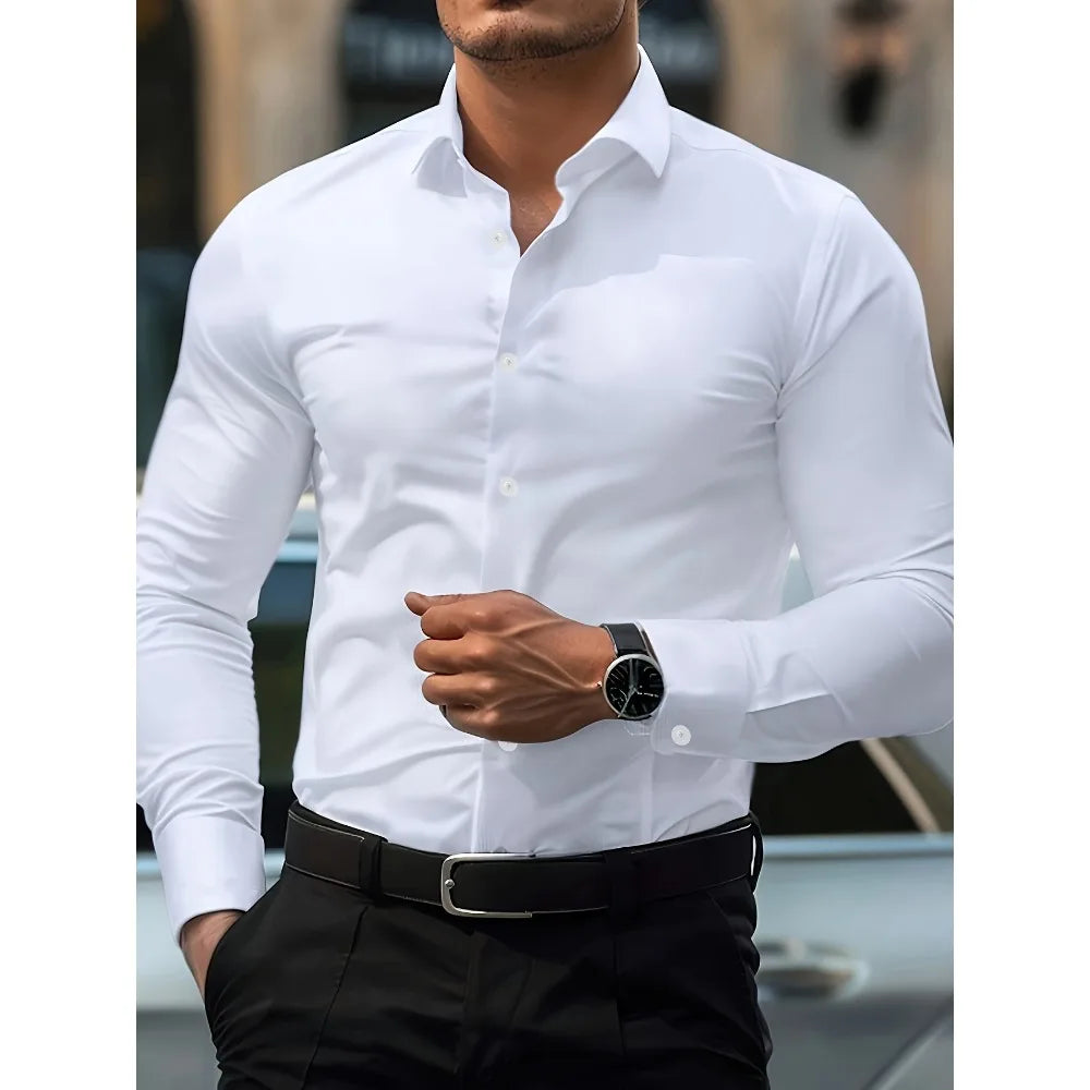 Footmax Men's Long Sleeve Shirt - Premium Solid Color Elastic Fabric Basic Shirt - footmaxldn