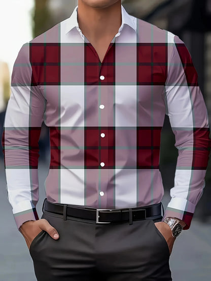 Footmax Men's Plaid Long Sleeve Shirt - Breathable Casual Business Lapel Shirt - footmaxldn