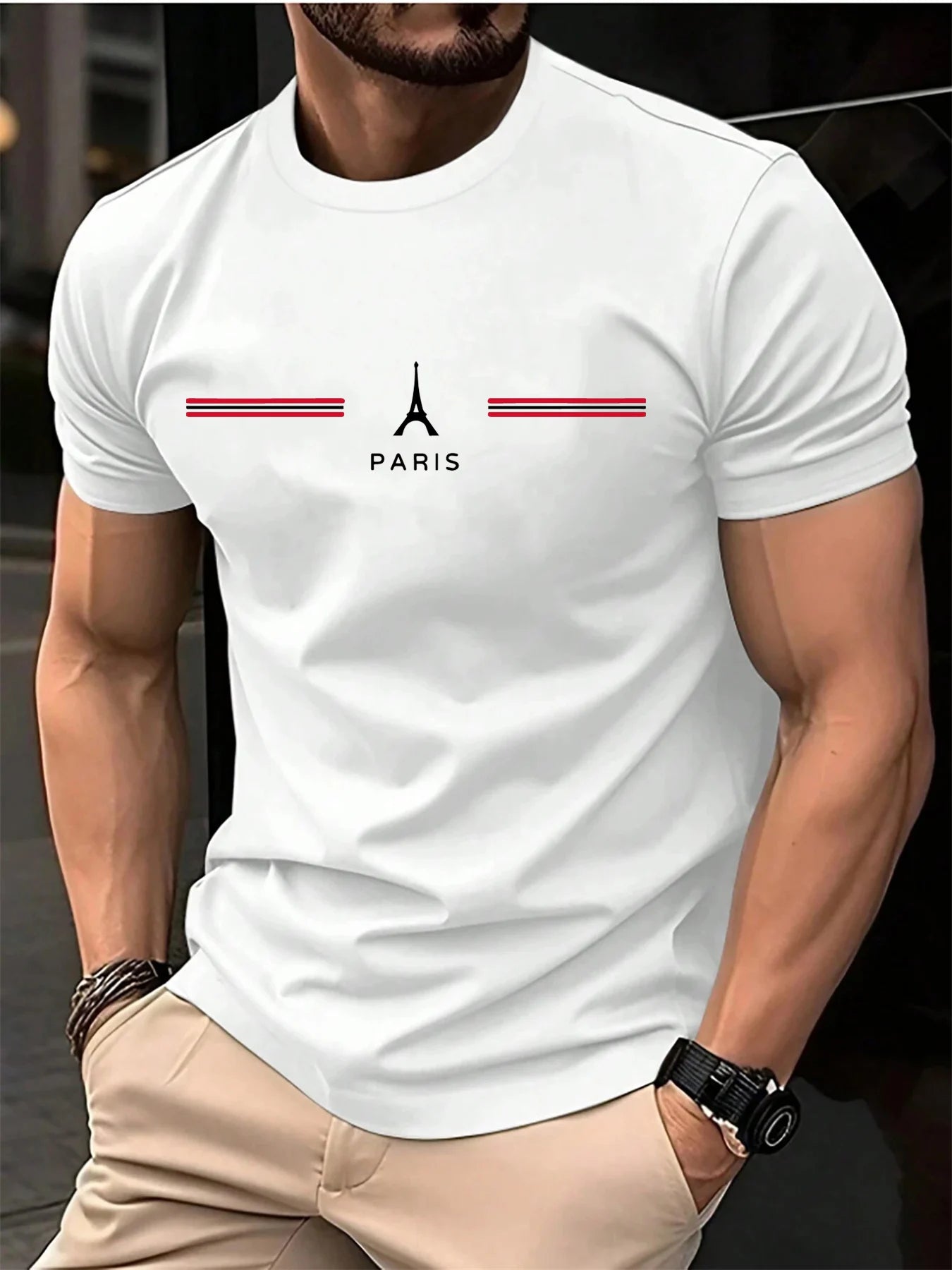 Men's 100% pure cotton summer loose oversized casual Paris letter printed sports round neck short sleeved T-shirt top - footmaxldn