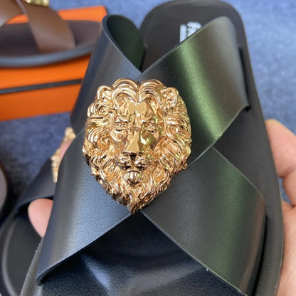 size38-48 original shoes brand summer leather slides for man black brown fashion shoes for mens slippers business beach slippers - footmaxldn