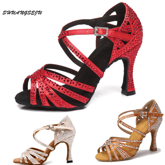 SHUANGSEJU 2025 New Latin Dance Shoes Female Hot Diamond Dance Shoes National Standard Salsa Cha Cha Dance Shoes 6-7.5-9cm Heel - footmaxldn