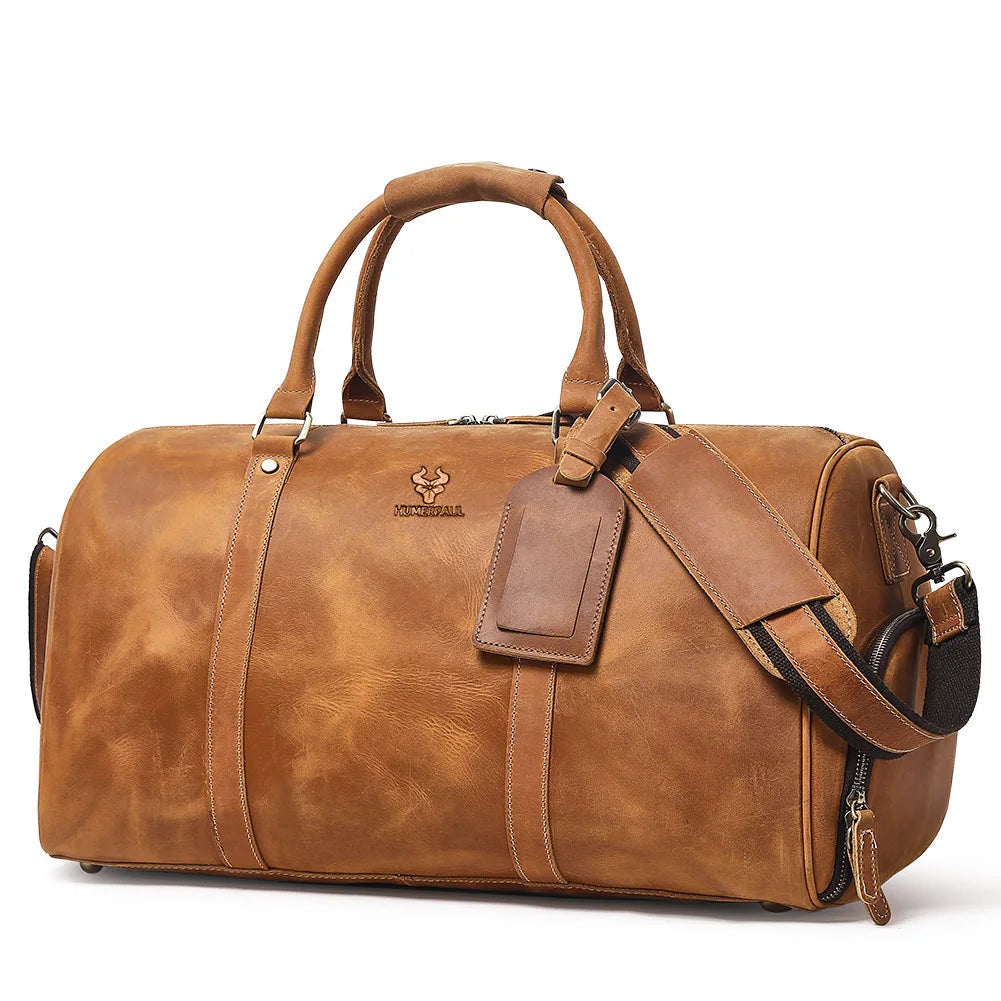 Footmax Men's Crazy Horse Leather Duffle Bag - Large Travel Luggage 15" Laptop - footmaxldn