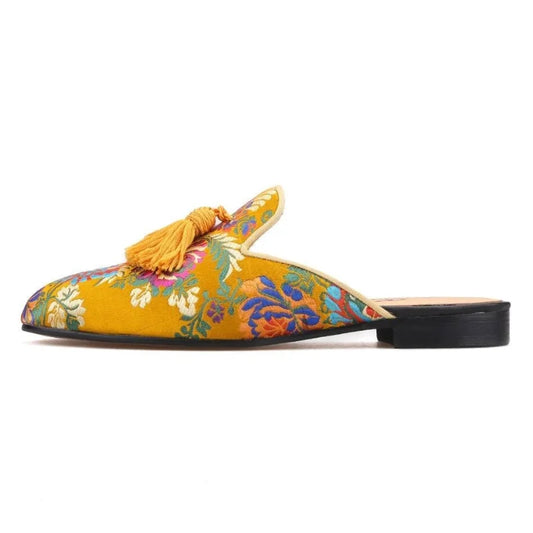 Men's Gold Floral Leather Slide Sandals