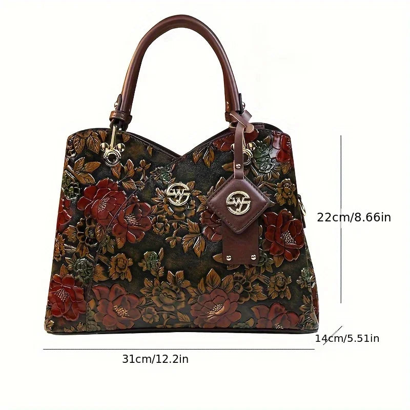 Vintage Flower Pattern Handbag, Luxury PU Leather Tote Bag, Fashion Crossbody Bag For Women - footmaxldn