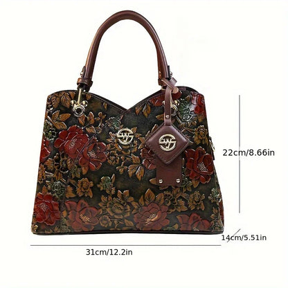 Vintage Flower Pattern Handbag, Luxury PU Leather Tote Bag, Fashion Crossbody Bag For Women - footmaxldn