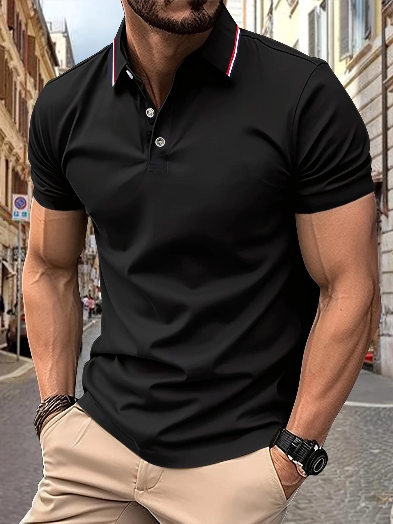 Footmax Men's Striped Collar Polo Shirt - Breathable Summer Business Casual - footmaxldn