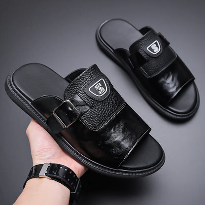Men's Leather Slide Sandals with Buckle Strap – Footmaxldn