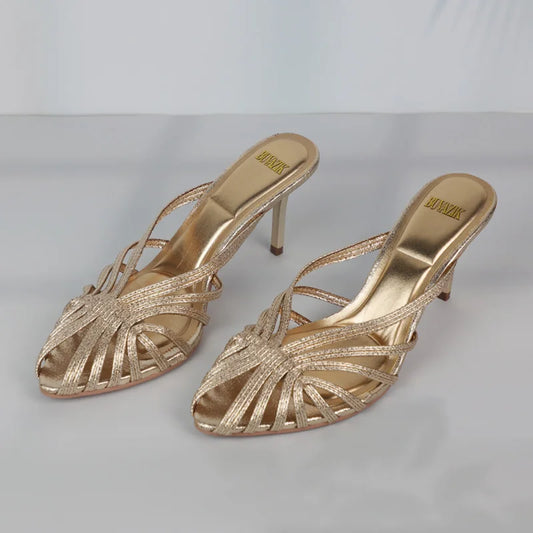 New Gold Hollow Thin Strip Heels for Women Luxury Pointed Toe Heeled Pumps Office Lady Mules Summer Stiletto Shoe Sandals 2025 - footmaxldn