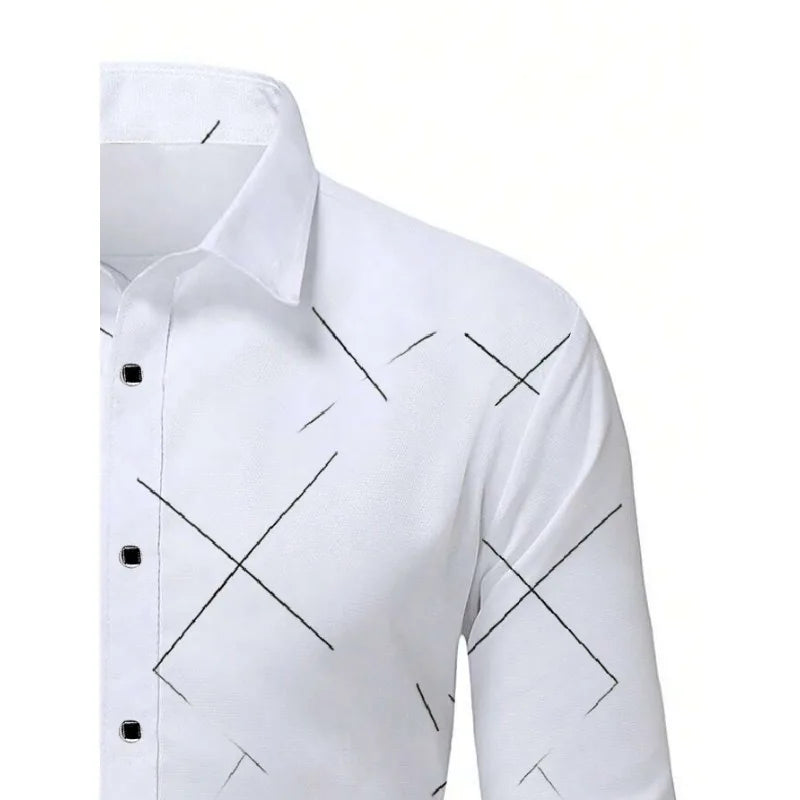 Footmax Men's White Business Shirt - Long Sleeve Elastic Printed Casual Dress Shirt - footmaxldn