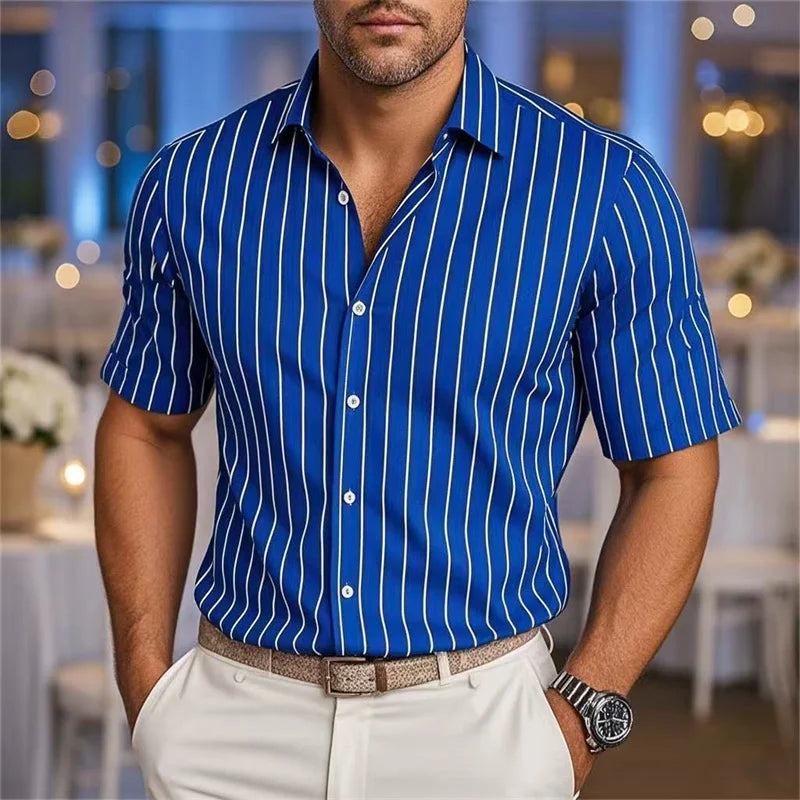 Men's Striped Short Sleeve Shirt - Casual Breathable Button-Up by Footmax