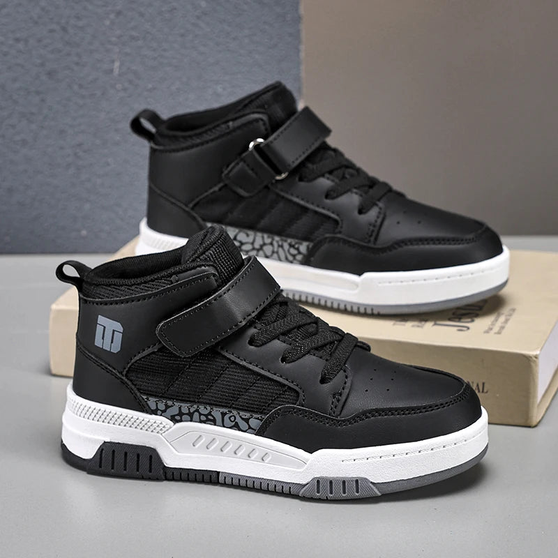 A pair of children's four-season leather high-top sports shoes, durable and fashionable sneakers, sizes 28-36，YZ-8888 - footmaxldn