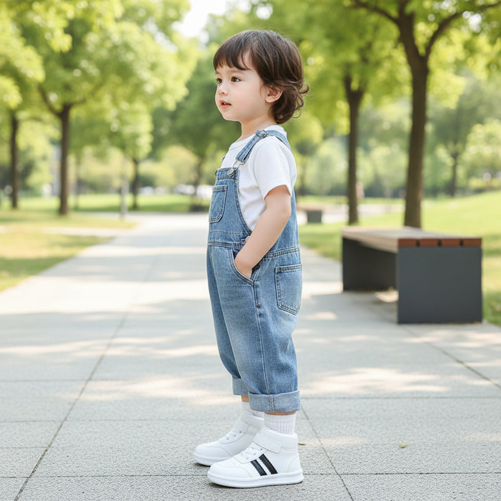 White high-top sneakers with black stripes held by a hand on a brown background
