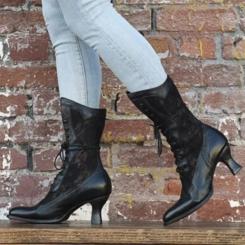 Footmax Women's Victorian Ankle Boots - Vintage Pointed Toe High Heel Lace-Up Boots - footmaxldn