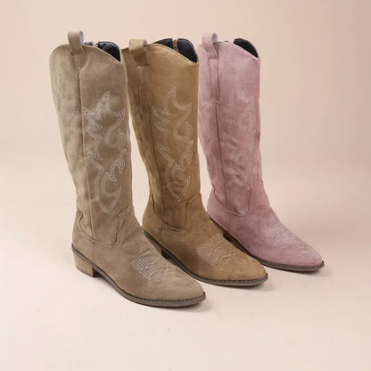 Women's Embroidered Western Knee-High Boots – Square Heel, Pointed Toe | Footmaxldn