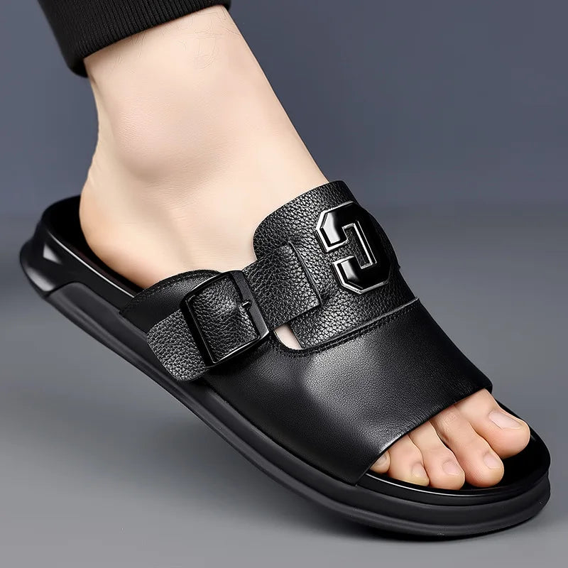 Men's Genuine Leather Platform Sandals | Roman Buckle Summer Slides – Footmaxldn