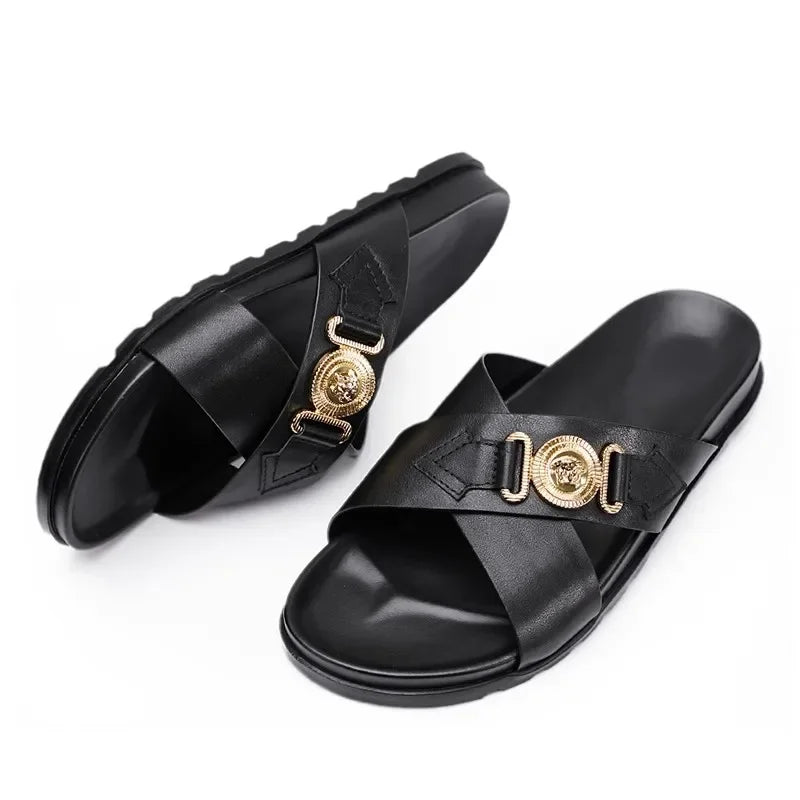Footmaxldn Men's Genuine Leather Slide Sandals | Cross-Strap Beach & Casual Shoes