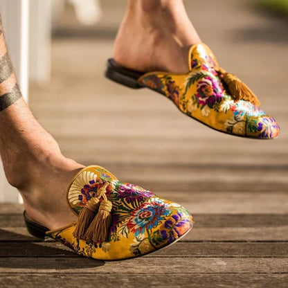 Men's Gold Floral Leather Slide Sandals