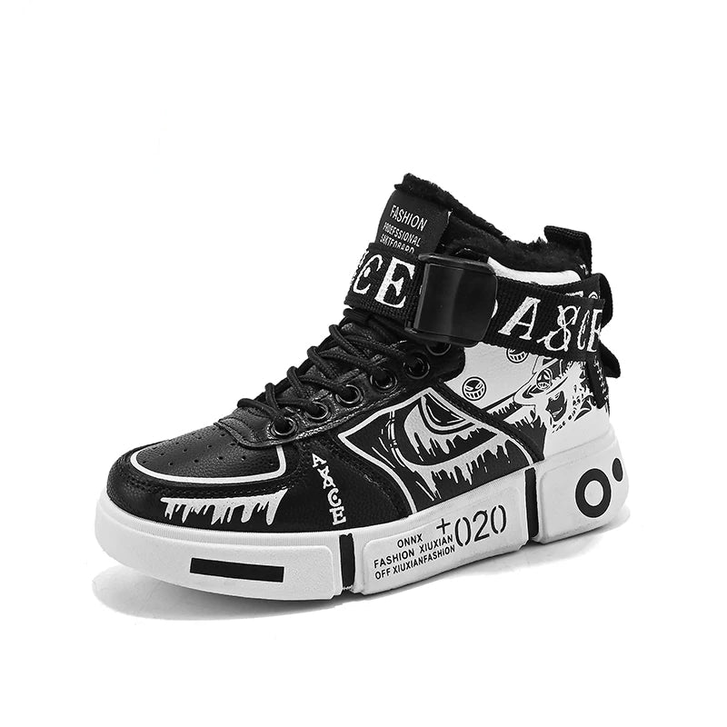Boys' high-top sneakers 2025 Autumn/Winter new style children's sports shoes Buckle student soft-soled fleece casual shoes - footmaxldn