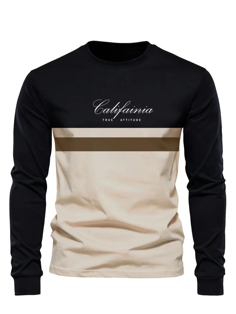Men's Beige & Black Colour-Block Long-Sleeve T-Shirt