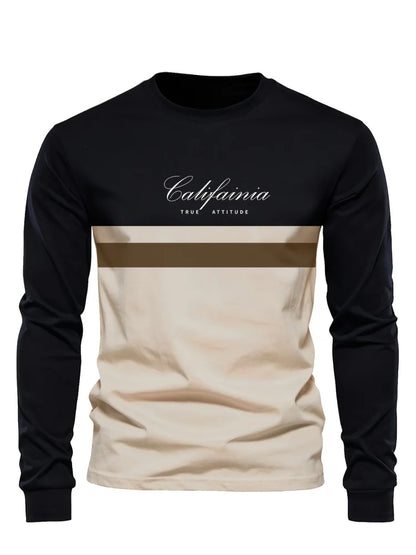 Men's Beige & Black Colour-Block Long-Sleeve T-Shirt