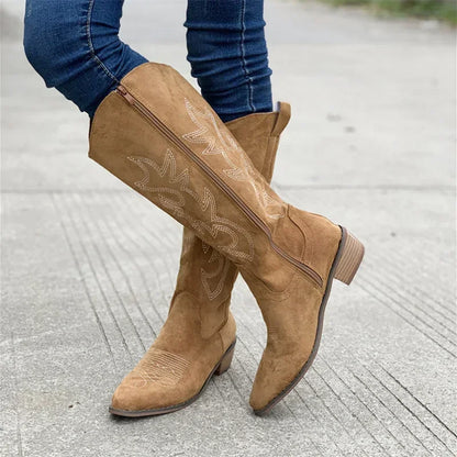 Women's Embroidered Western Knee-High Boots – Square Heel, Pointed Toe | Footmaxldn