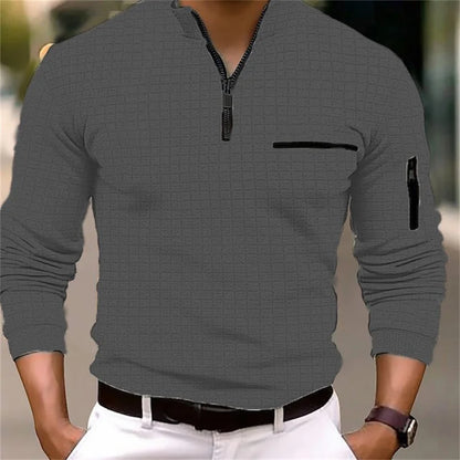 Footmax Men's Plaid Turtleneck Zipper Polo Shirt - Long Sleeve Business Casual Sports - footmaxldn
