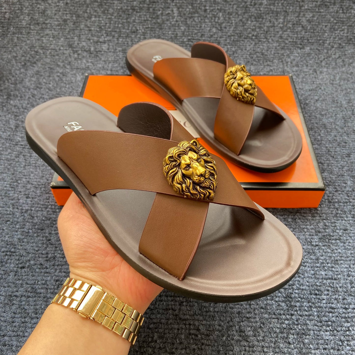 Men's Leather Cross-Strap Slides with Gold Lion Emblem – Footmaxldn
