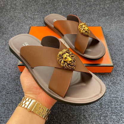 Men's Leather Cross-Strap Slides with Gold Lion Emblem – Footmaxldn