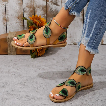 Footmaxldn Peacock Feather Embroidered Flat Sandals for Women