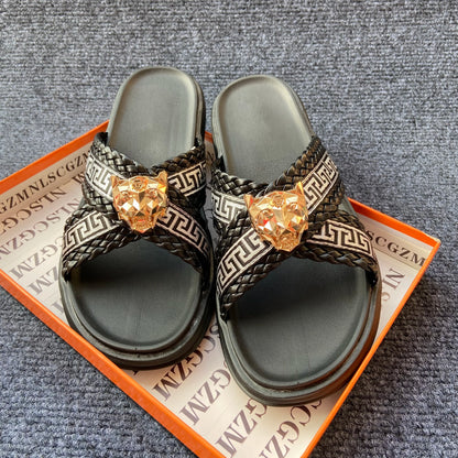 Footmaxldn Lion Head Cross-Strap Slides | Men's Designer Sandals