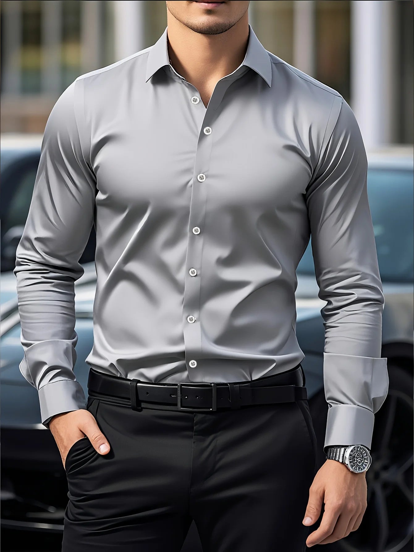 Footmax Men's Long Sleeve Shirt - Premium Solid Color Elastic Fabric Basic Shirt - footmaxldn
