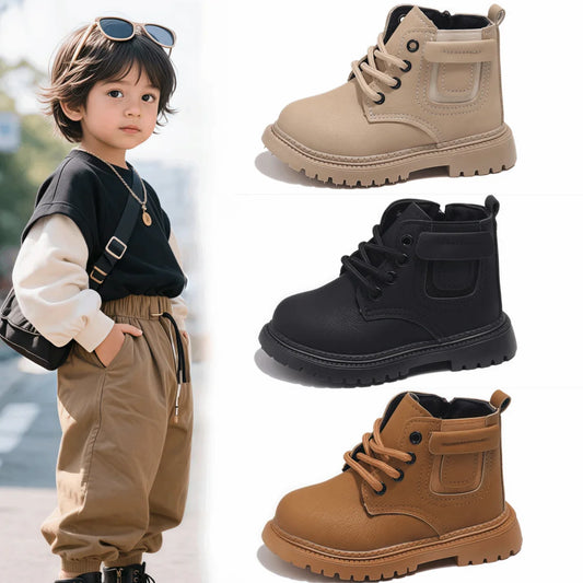 Children Leather Boots Boys Fashion Autumn Winter New Casual Comfortable Short Boots Warm Kids Anti-slip Tactical Military Boots - footmaxldn