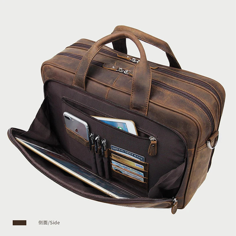 High Quality Genuine Leather Men Briefcase Business bag Crazy Horse Leather Large 17"inch Laptop Bag male Portfolio Office Case - footmaxldn