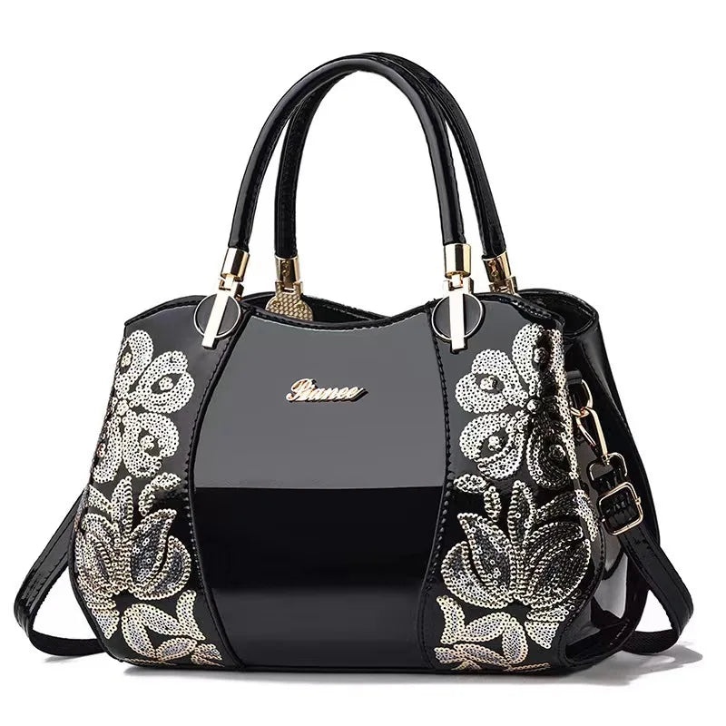 Footmax Flower Embroidered Boston Bag - Women's Patent Leather Crossbody Handbag