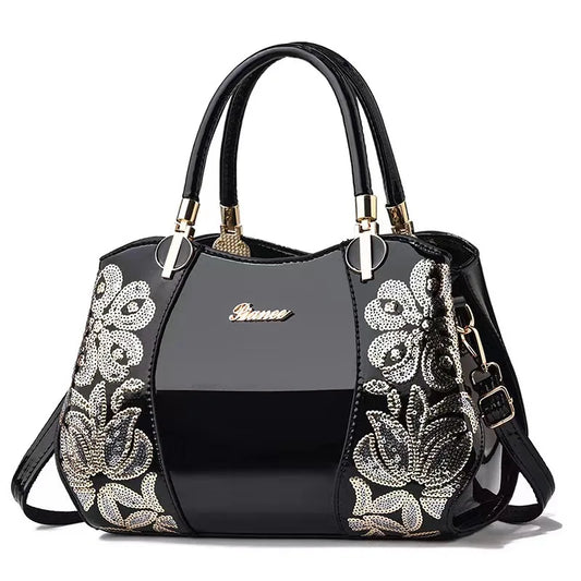 Footmax Flower Embroidered Boston Bag - Women's Patent Leather Crossbody Handbag
