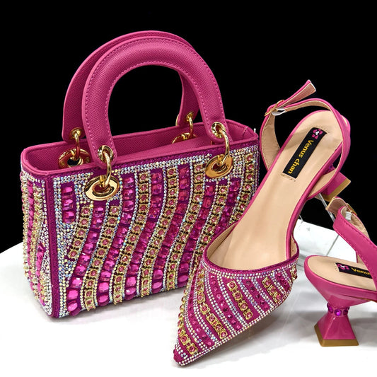 Footmax Fuchsia Rhinestone Heel Shoes & Bag Set - Italian Fashion 2025