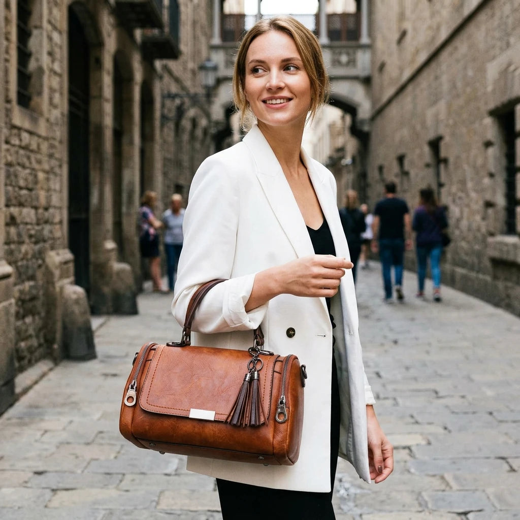 Person holding a brown leather handbag in an urban setting