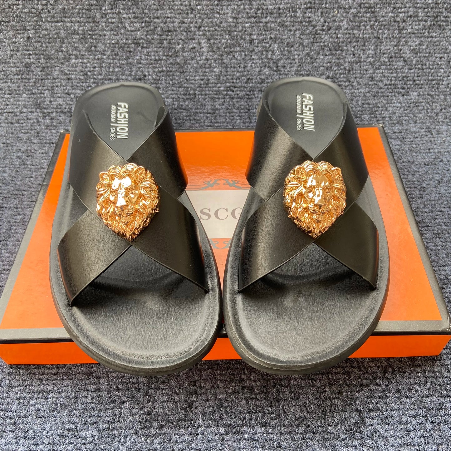 Men's Leather Cross-Strap Slides with Gold Lion Emblem – Footmaxldn