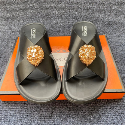 Men's Leather Cross-Strap Slides with Gold Lion Emblem – Footmaxldn