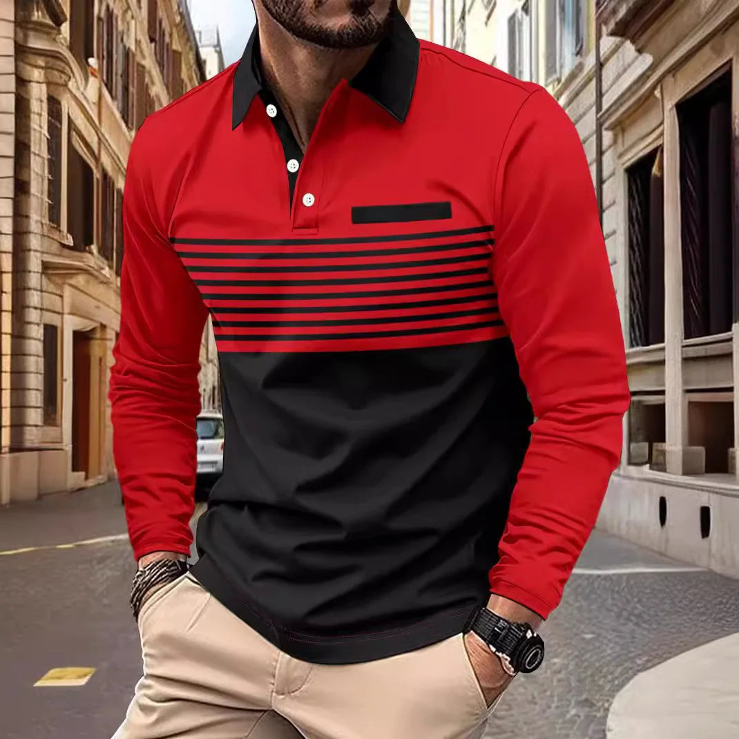 Footmax Men's Striped Collar Long Sleeve Polo Shirt - Casual Autumn 2025 - footmaxldn