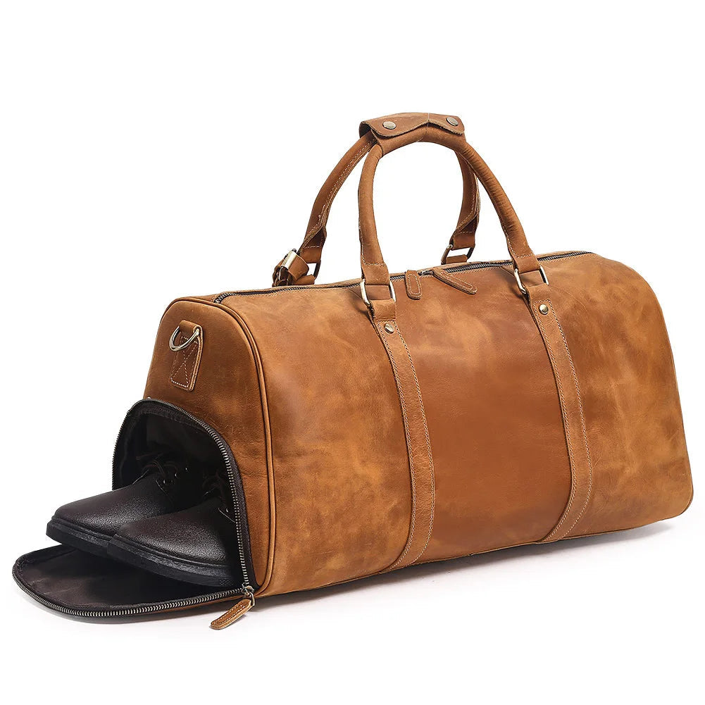 Footmax Men's Crazy Horse Leather Duffle Bag - Large Travel Luggage 15" Laptop - footmaxldn