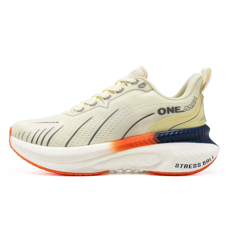 White running shoe with orange sole and 'ONE MIIX' branding on a white background